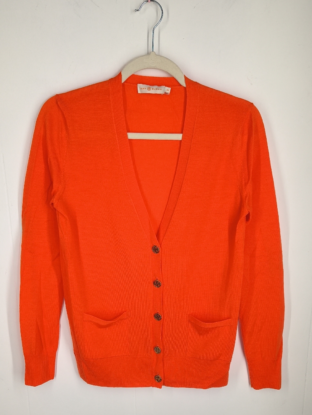 Tory Burch Orange Button Front Madeline Cardigan 100% Merino Wool
